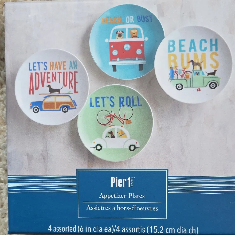 Pier 1 Assorted Appetizer Plates - Beach/Dog Themed Set Of 4